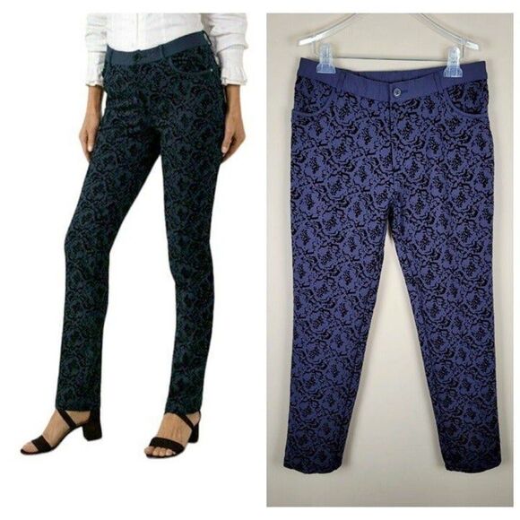 Soft Surroundings Size M Baroque Ponte Stretch Navy Blue Velvet Detailed Pants - Picture 1 of 12